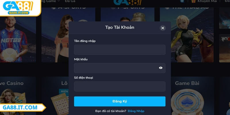 Điền thông tin để đăng ký tài khoản không cần email trên GA88